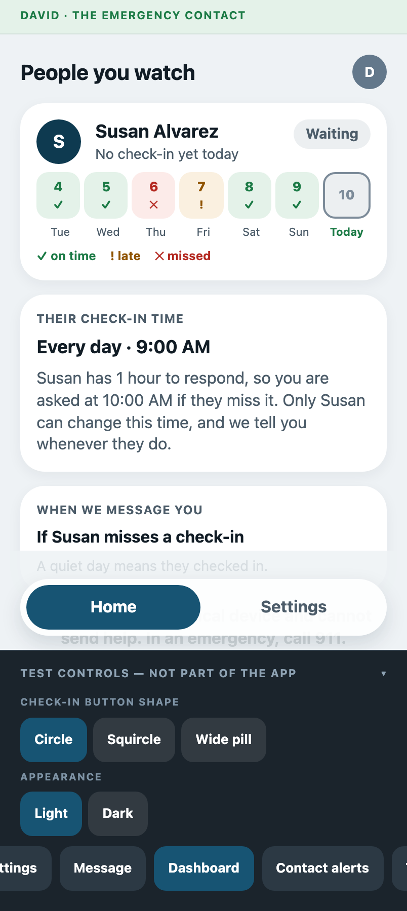 Beacon of Hope caregiver dashboard showing daily status and check-in history