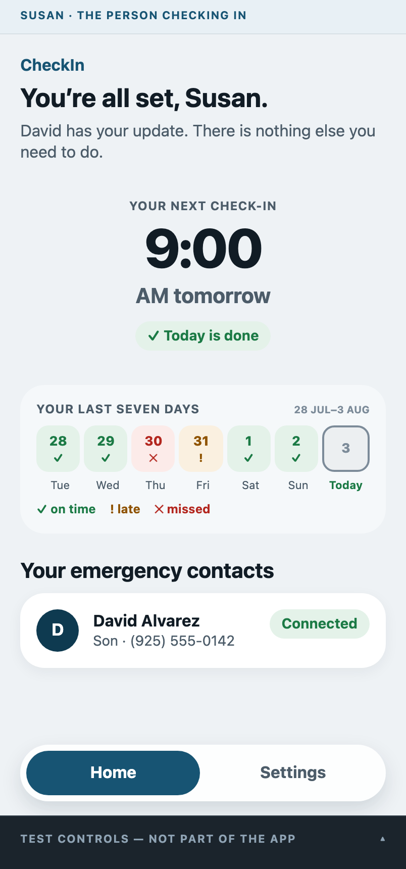 Beacon of Hope confirmation showing that today's check-in is complete