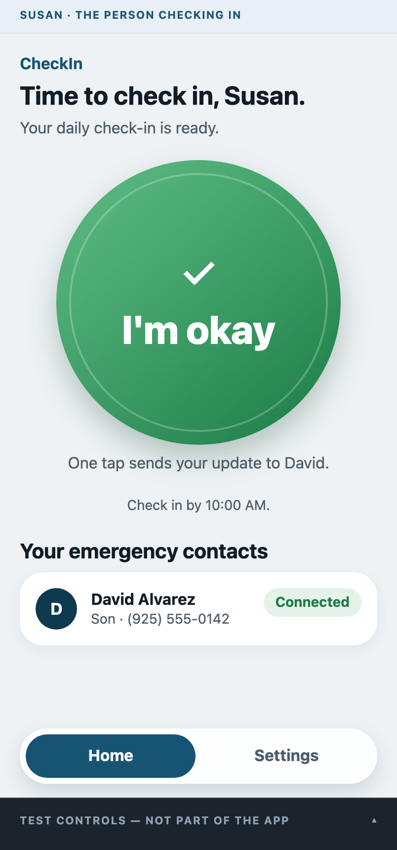 Beacon of Hope screen with one large I'm okay button